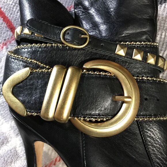 Dolce Vita Leather Braxton Booties Buckle Strappy High Heel Size 8.5 Black Gold - Picture 10 of 10